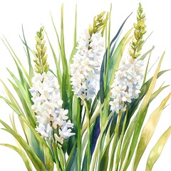 Fototapeta premium Watercolor Painting of Delicate White Flowers with Lush Green Foliage.