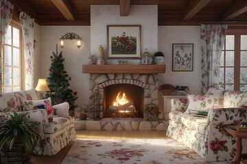 Cozy cottage living room with a stone fireplace, floral prints, and wooden beams. Interior design, 3D render, Home decoration