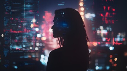 Woman Silhouetted Against City Lights And Data Streams