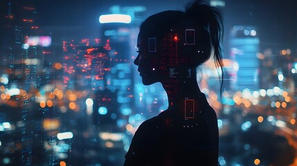Woman Silhouetted Against City Lights And Digital Data