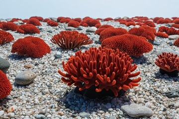 Obraz premium Vibrant Coral Pebbles on Crisp White Background for Stunning Landscape Photography