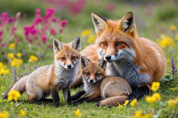 Fototapeta premium Mother Fox and Playful Kits Relaxing in a Colorful Meadow