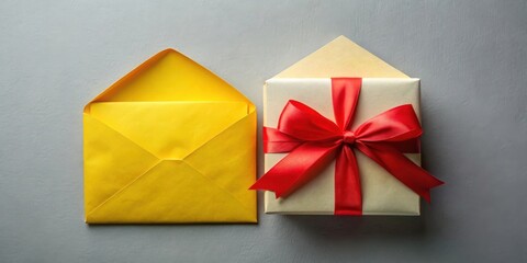 A Yellow Envelope and a Gift Box with a Red Ribbon, a Classic Symbol of Celebration and Thoughtfulness