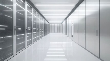 Obraz premium White and blue abstract network on server room data center 3D rendering, connection network data center room storage systems. 