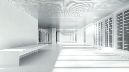 Obraz premium White and blue abstract network on server room data center 3D rendering, connection network data center room storage systems. 