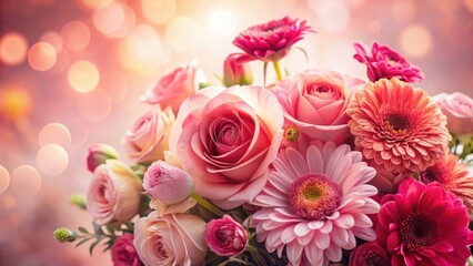 Fototapeta premium A delicate bouquet of pink and coral flowers, adorned with a soft and luminous background, evokes a sense of elegance and beauty.