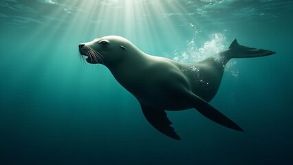 Obraz premium A sea lion swimming gracefully in the ocean, cutting through the water with sunlight filtering through, showcasing its agility.