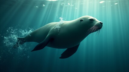 Obraz premium A sea lion swimming gracefully in the ocean, cutting through the water with sunlight filtering through, showcasing its agility.