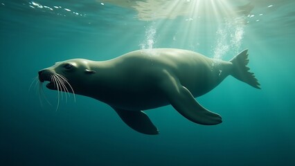 Obraz premium A sea lion swimming gracefully in the ocean, cutting through the water with sunlight filtering through, showcasing its agility.