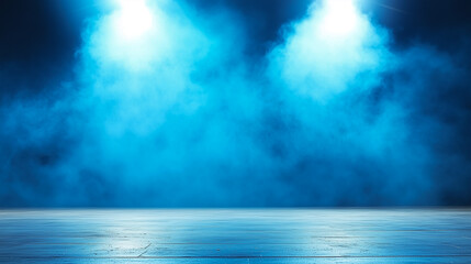 Black background of empty street, room, spotlight illuminates asphalt, smoke 