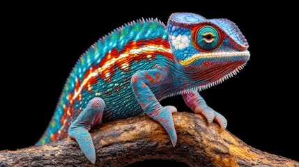 Fototapeta premium Close-up view of a chameleon blending in with its surroundings, sitting on a branch.