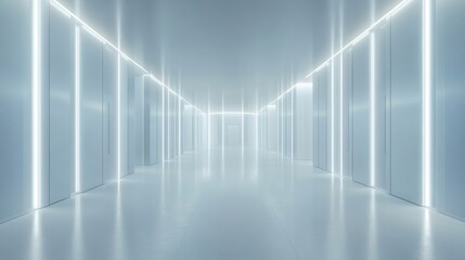 White and blue abstract network on server room data center 3D rendering, connection network data center room storage systems.

