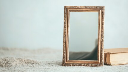A vintage mirror in an ornate frame sits beside a faded book, creating a nostalgic atmosphere against a soft background.