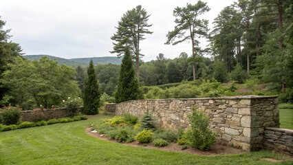 Stone wall surrounded by tall trees and shrubs, nature scenes, forest edges, tree lines, earthy tones, woodland environment