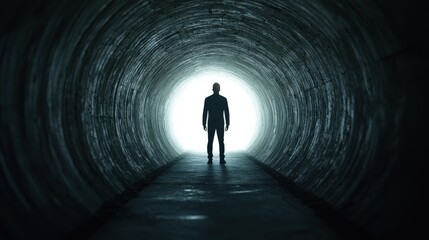 A dark tunnel with a silhouetted figure standing at the entrance, illuminated by a bright light, creating a dramatic and mysterious atmosphere.