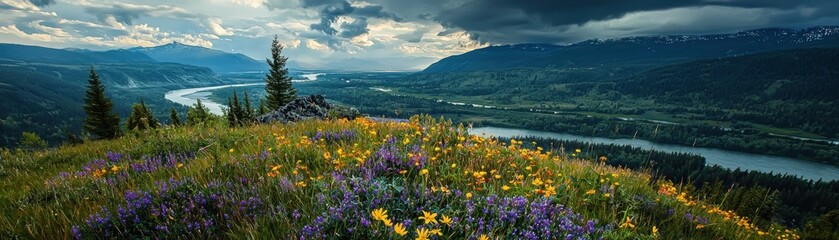 Serene mountain landscape with vibrant wildflowers in the foreground and a winding river under a cloudy sky.