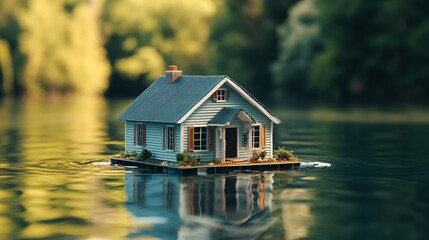 Obraz premium House model in the water with raindrops on the background of the forest.