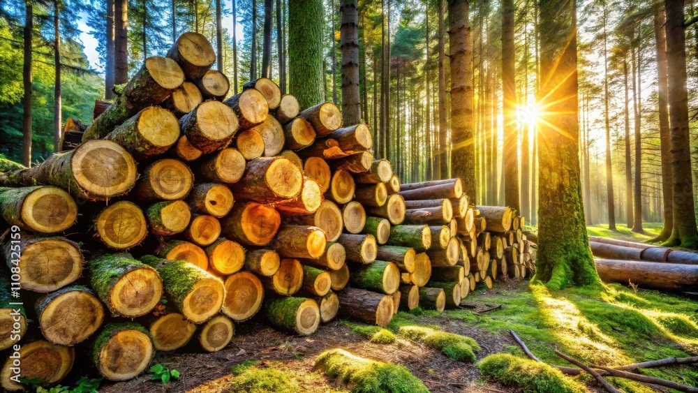 Aufkleber Sunlight streams through a dense forest, illuminating a stack of felled logs covered in moss.