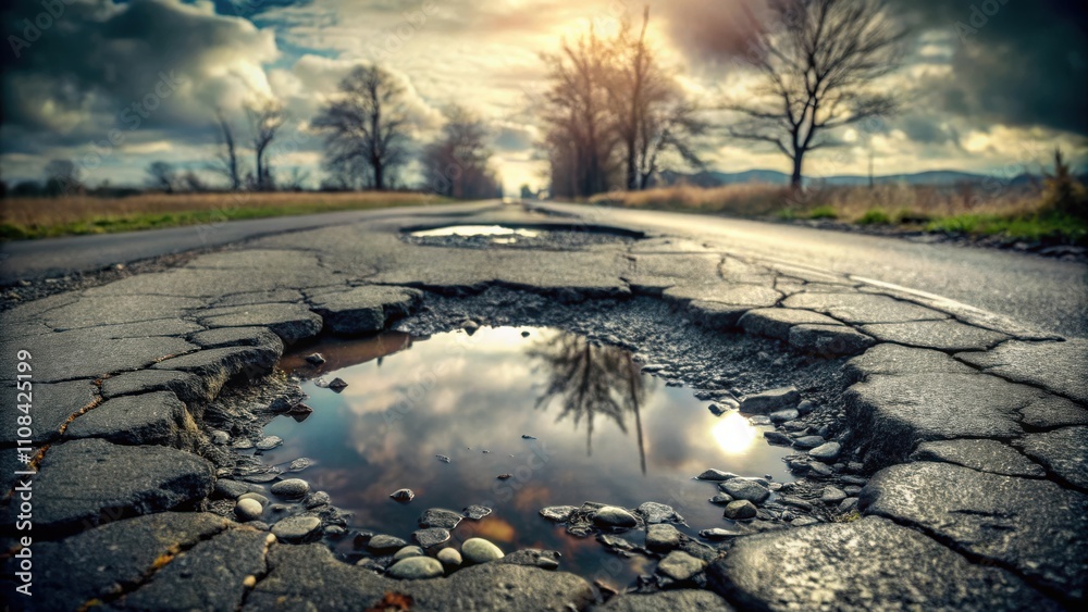 Poster A pothole filled with rainwater reflects the sky, creating a stunning contrast between the rough pavement and the serene reflection.