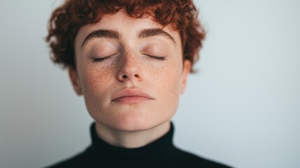 Fototapeta premium A serene portrait of a young person with curly red hair, eyes closed, exuding calmness and introspection against a neutral background.