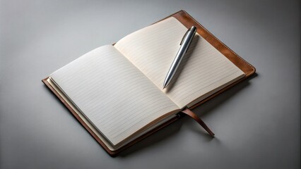 An open leather bound notebook with a silver pen resting on the lined pages, ready for thoughts and ideas to be captured.