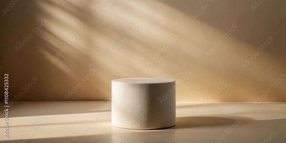 Poster minimalist product display with a cylindrical podium bathed in soft sunlight on a neutral background