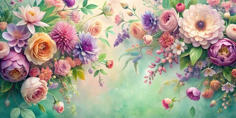 Fototapeta premium A Watercolor Illustration of a Delicate Bouquet of Pink, Purple, and Yellow Flowers with Green Foliage on a Soft Mint Green Background