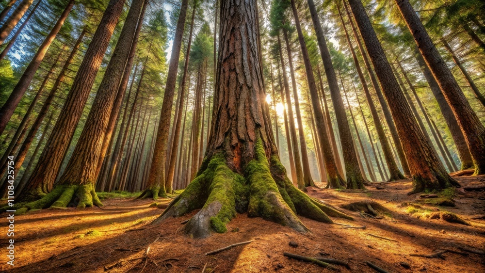 Poster Sunlight filters through the dense canopy of a majestic forest, illuminating the moss-covered base of a towering tree, its roots sprawling across the forest floor