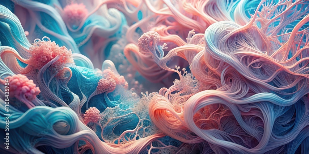 Poster a vibrant abstract depiction of intertwined threads and swirling tendrils in blue and pink hues, cre