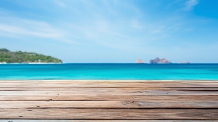 Fototapeta premium Wood table top on blur beach background