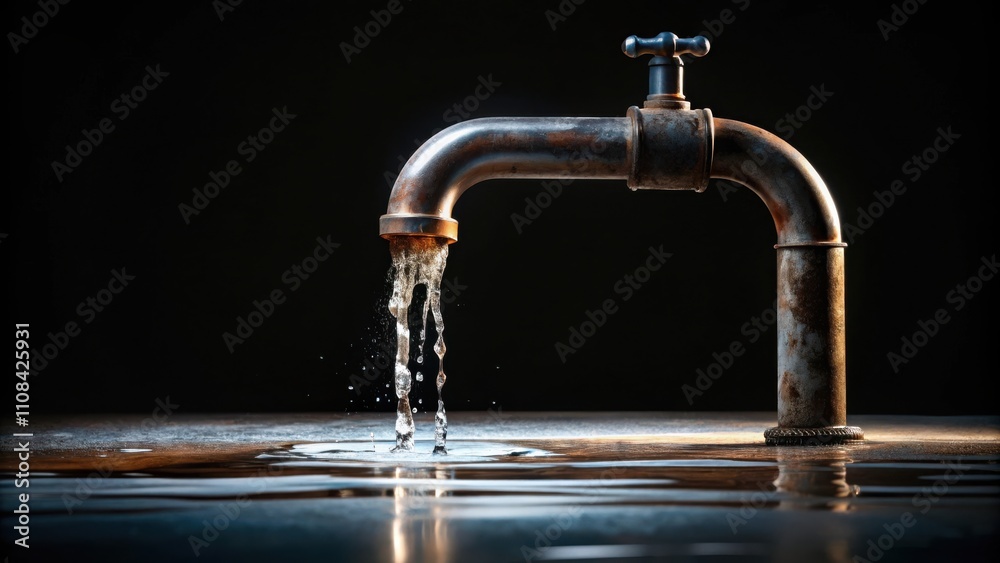 Poster an aged metal faucet pours a steady stream of water into a shallow pool, casting a soft reflection a