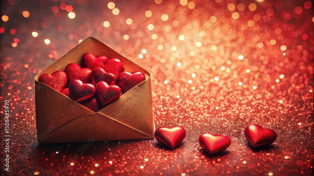 Poster a golden envelope overflowing with red hearts resting on a sparkly red background, symbolizing love 