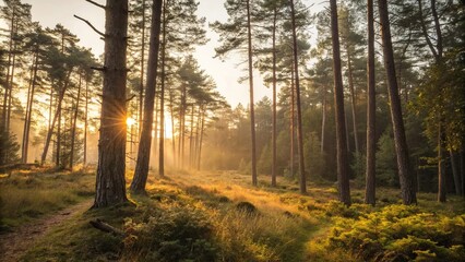 Fototapeta premium The last rays of sunlight filter through the trees as a serene forest glade is bathed in a warm golden light, panoramic sunset sky, vast landscape, outdoor scene, time of day