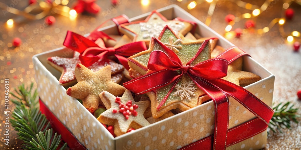 Poster a box of star-shaped cookies adorned with a festive red bow and gleaming with festive lights