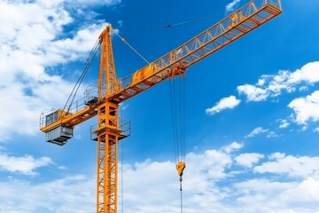 A vibrant photo of a modern high-rise building under construction, surrounded by cranes and safety nets