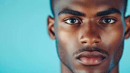 Obraz premium A close-up portrait of a young man with striking facial features, highlighting his intense gaze against a soft blue background.