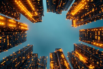A vibrant shot of a construction site at dusk, with lights illuminating the activity