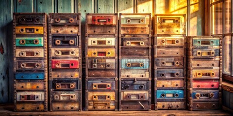 A collection of weathered and worn cassette tapes stacked in a row on a rustic wooden surface, a nostalgic reminder of an era defined by music and sound.