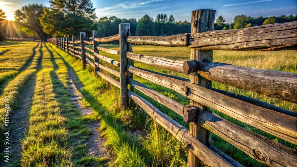Poster a rustic wooden fence extends through a field, bathed in the golden hues of the setting sun, casting