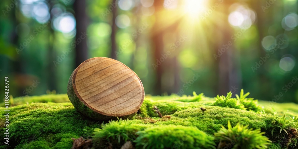 Poster a circular wooden slice resting on a bed of lush green moss, bathed in the soft glow of sunlight fil