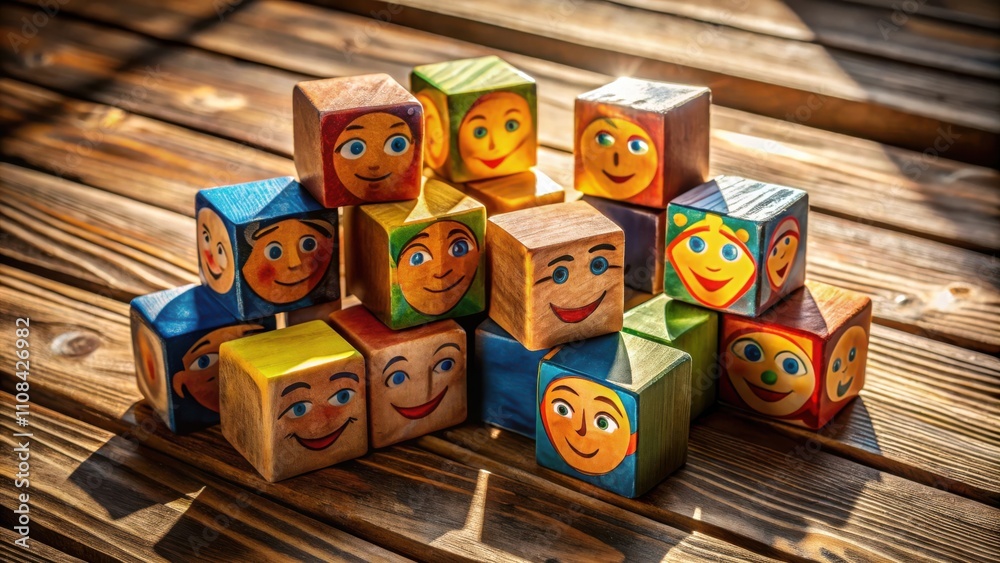 Aufkleber Wooden Blocks with Painted Smiling Faces Arranged in a Stack on a Rustic Wooden Surface