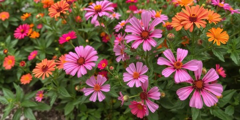 Fototapeta premium Vibrant pink and orange flowers blooming in a beautiful garden setting, blooming, vibrant