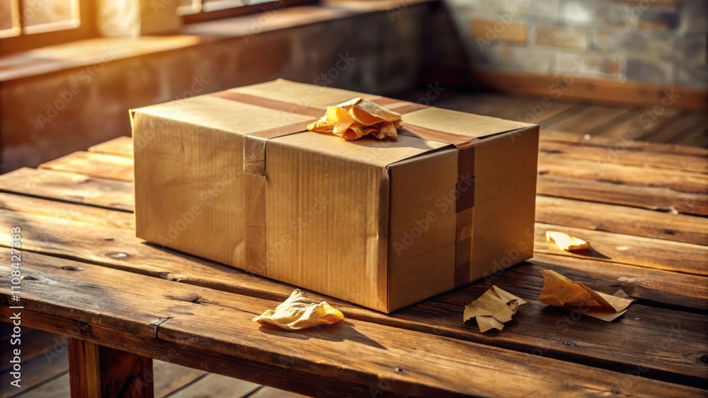 Aufkleber a simple brown cardboard box sits on a rustic wooden table, surrounded by pieces of crumpled paper, 