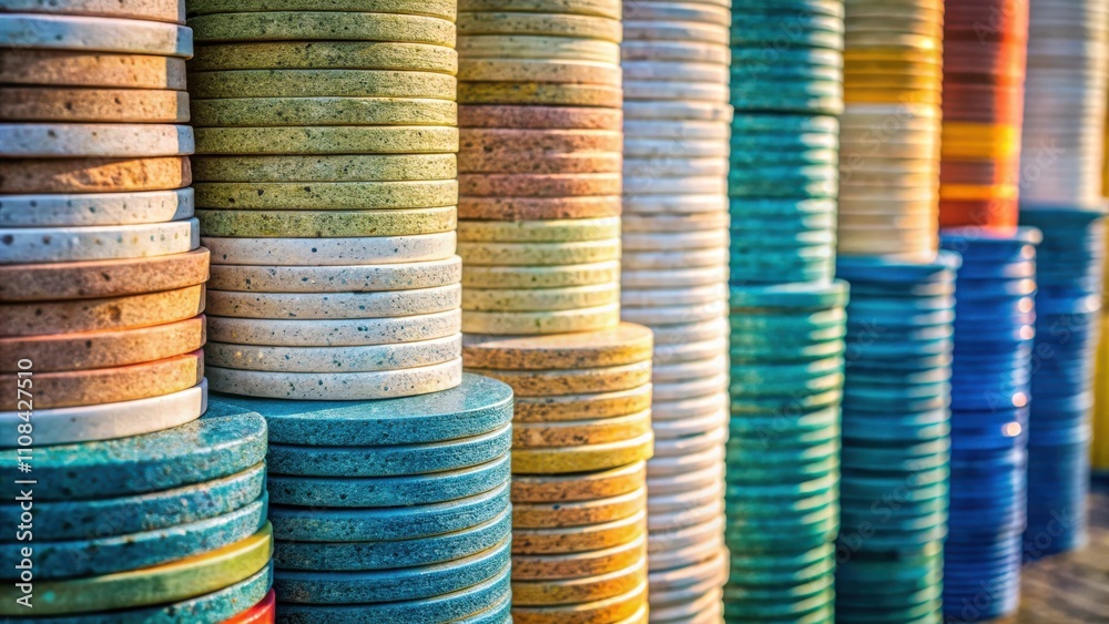 Poster A vibrant display of colorful ceramic tiles stacked high, creating a visually appealing pattern of circular shapes and various hues.