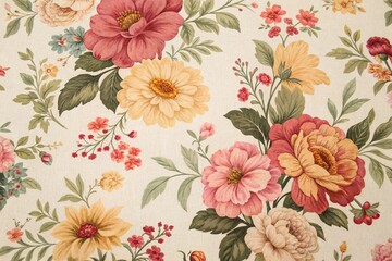 Vintage-inspired floral pattern with a mix of bright and muted colors, botanical, greenery