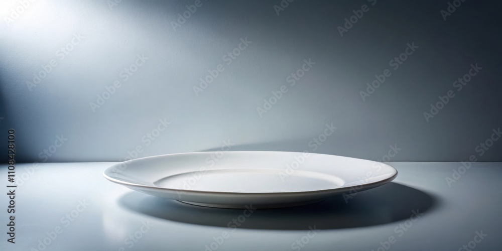 Aufkleber A Single White Plate Rests on a Blue Surface Against a Neutral Background, Creating a Simple and Minimalist Setting for Displaying Culinary Creations