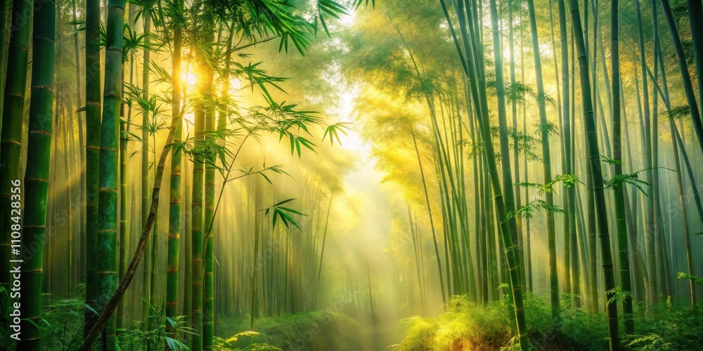 Aufkleber golden sunlight filtering through a dense bamboo forest, creating a mystical and tranquil atmosphere