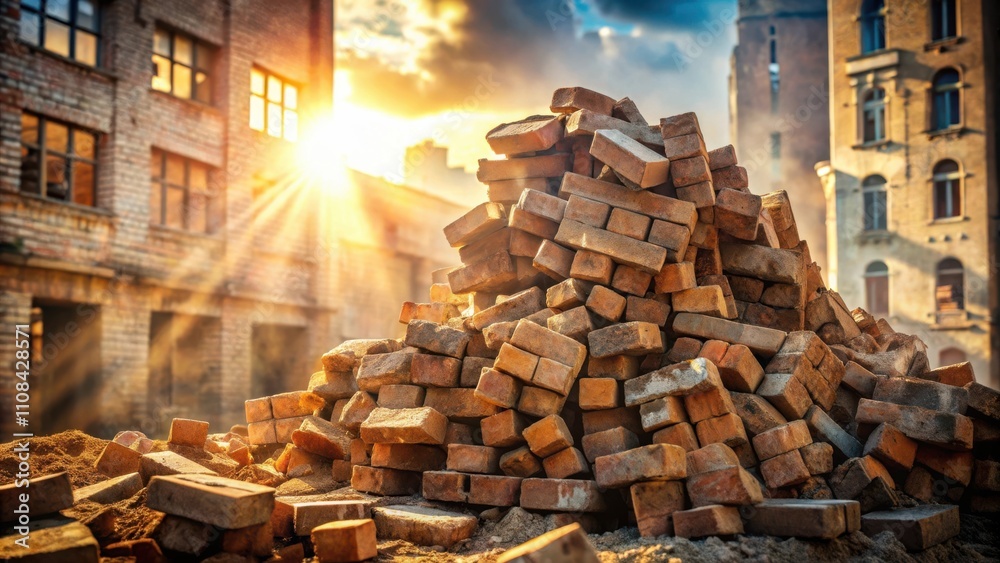 Aufkleber A pile of broken bricks, scattered across a dusty ground, illuminated by the warm glow of a setting sun, creating a scene of destruction and the passage of time.
