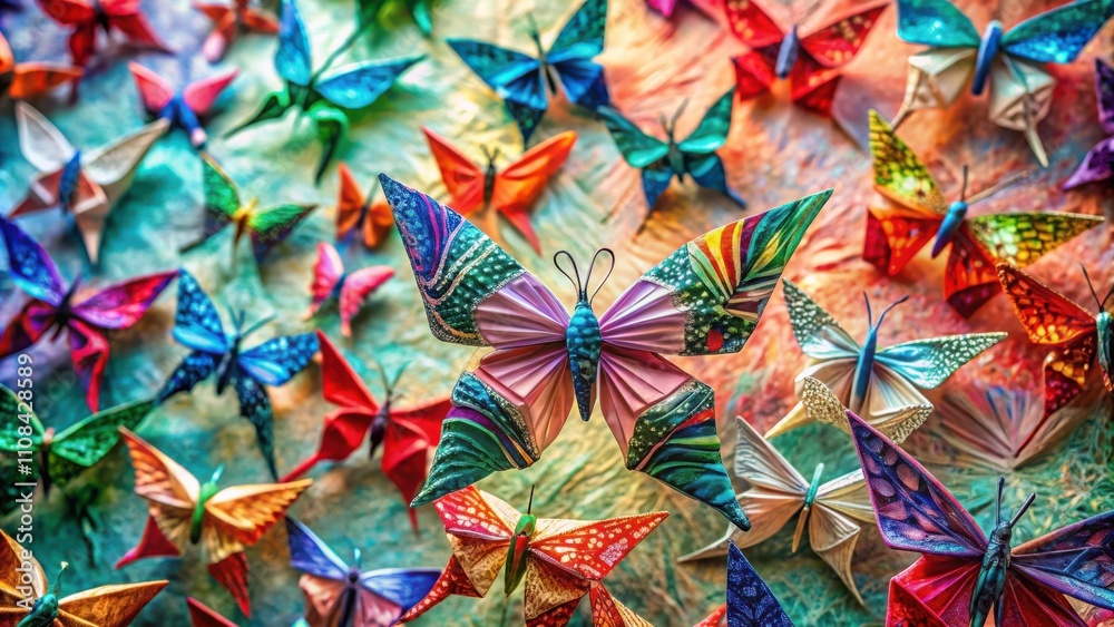 Poster A vibrant tapestry of hand-crafted paper butterflies, their wings painted with intricate patterns, dance on a textured background, creating a mesmerizing spectacle of colors and textures.