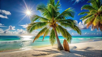 Obraz premium A lone surfboard leans against a palm tree on a pristine white sand beach with crystal clear turquoise waters and a bright blue sky dotted with fluffy white clouds.